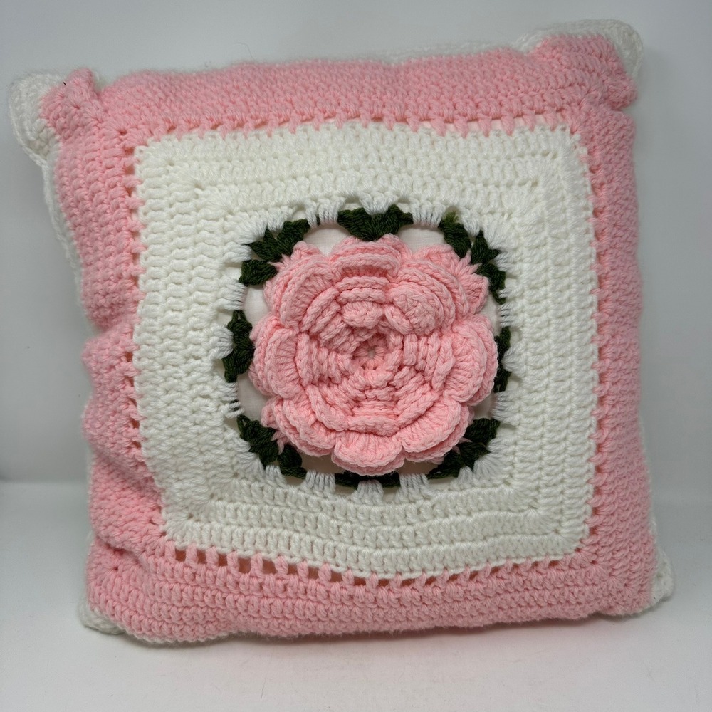 Handmade Crochet Throw Pillow 18x18 Pink/Teal Rose Floral Granny Sq Cottagecore